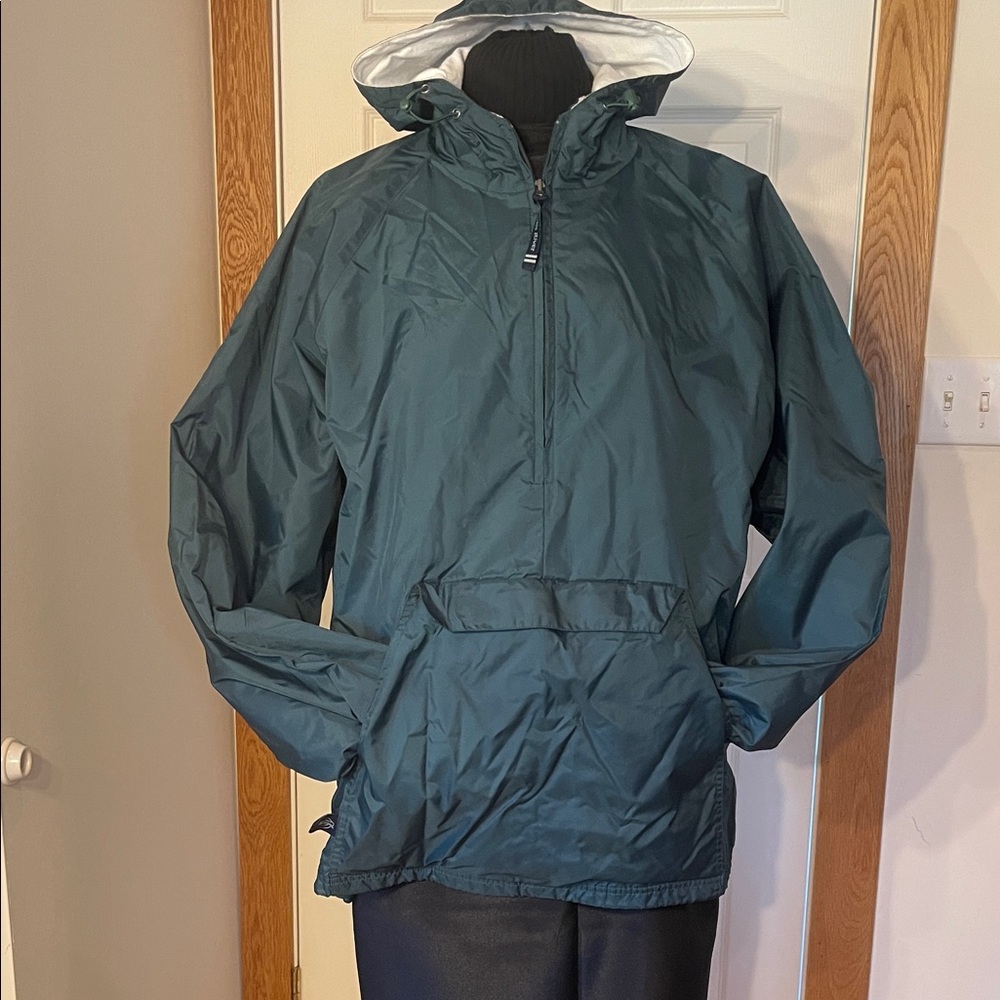 Unisex Dark Green Hooded Pullover Windbreaker Jacket. Sz L.